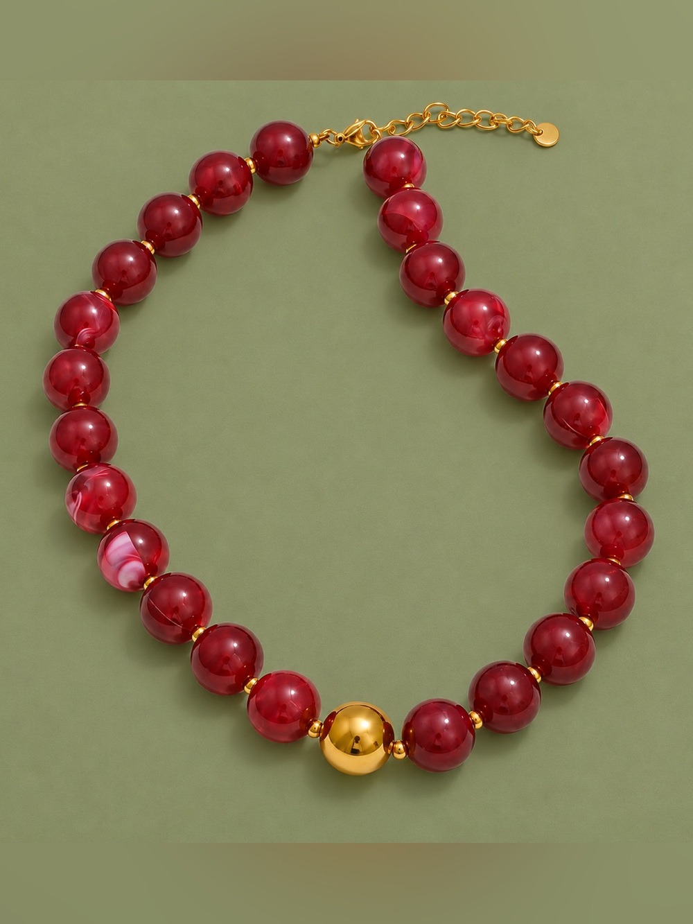 Burgundy Ruby Beaded Gold Ball Necklace